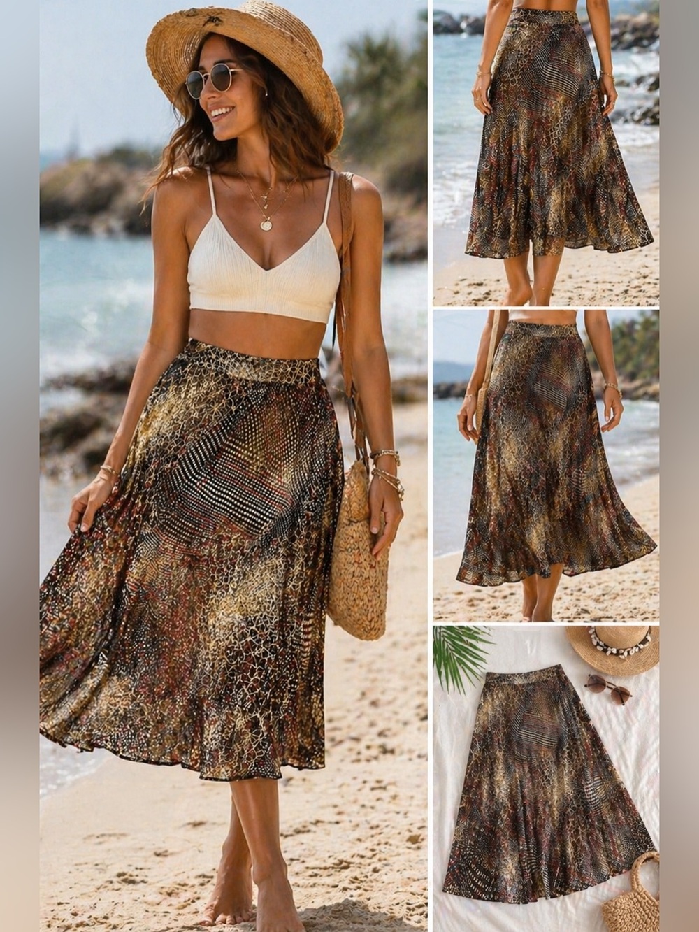 Due Per Due Vintage 100% Silk Midi Skirt Size 10 Flowy Animal Print Boho